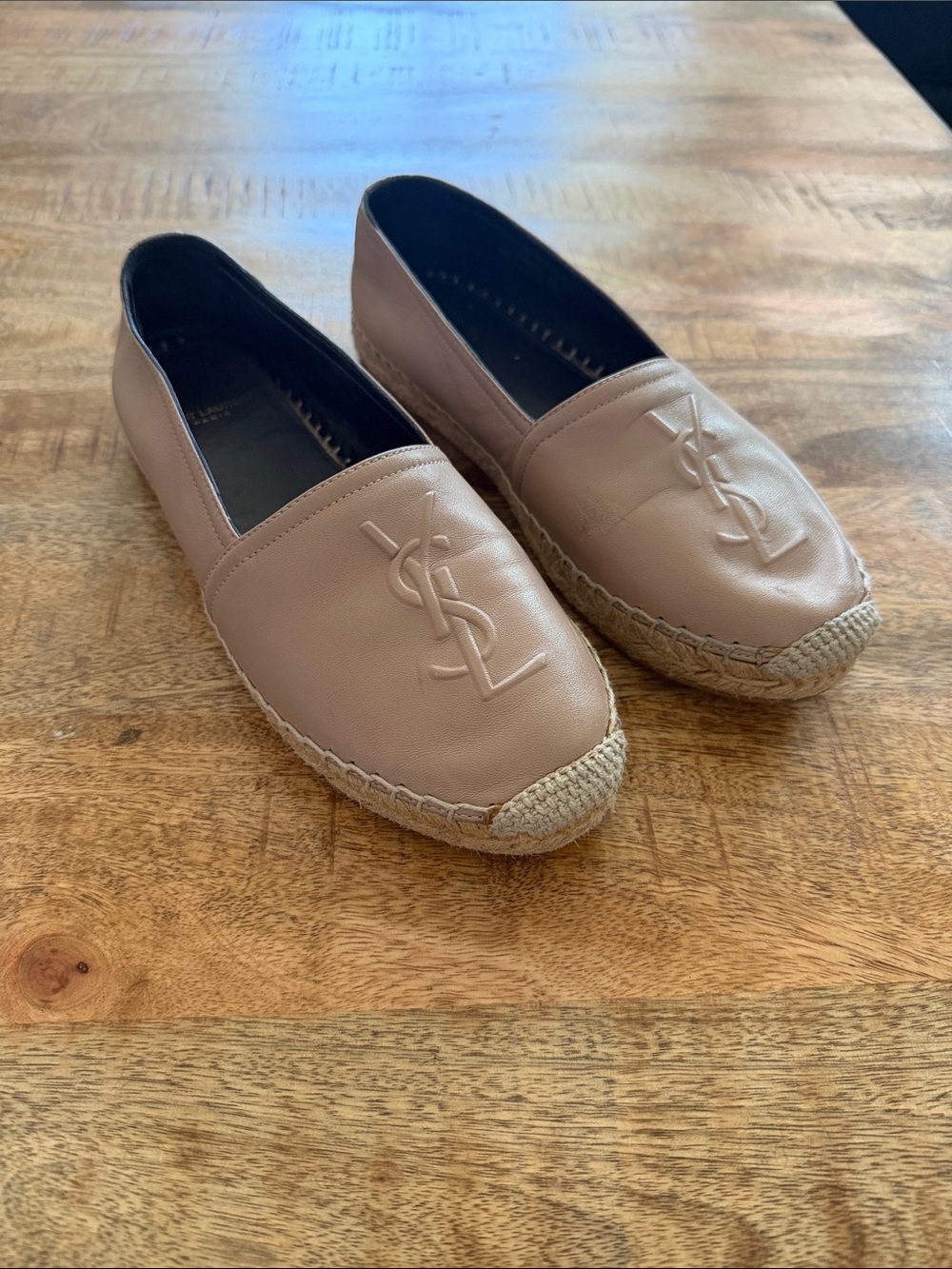 Saint Laurent Nude Leather Espadrille Flats with YSL Logo